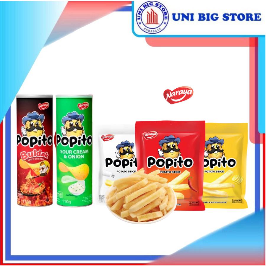 

Naraya Popito Potato Stick Original Crisps Buldak Spicy Chicken Sour Cream Onion 110 g Keripik Kentang Stik