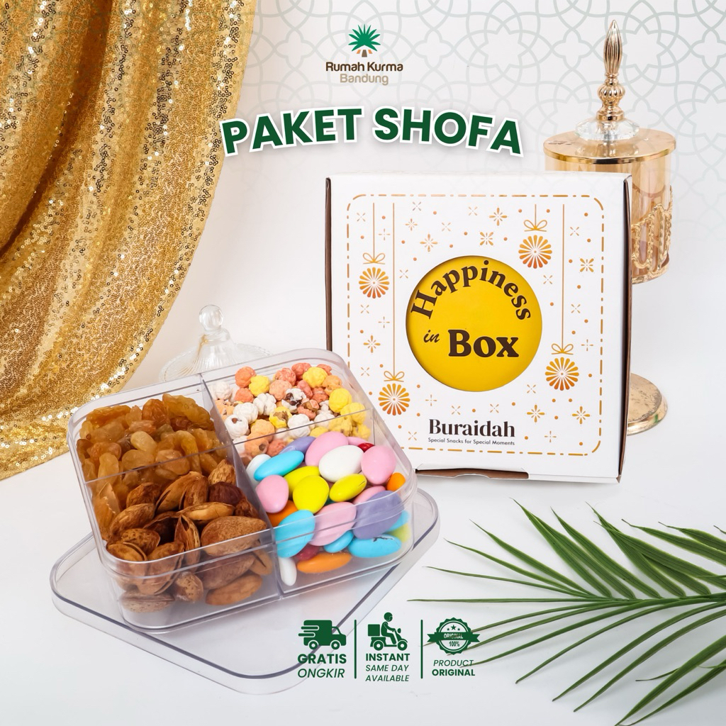 

Buraidah Paket Shofa Hampers Snack Coklat Turki Cemilan Manis Almond Cangkang Box 4 in 1 Sekat