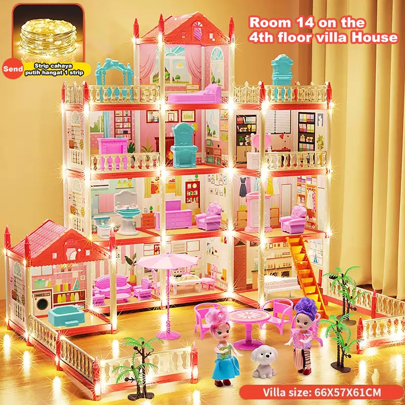 Rumah Mainan Anak Perempuan Rumah Besar Mainan Rumah Rumahan 3D Princess Kastil Villa Dengan Lampu