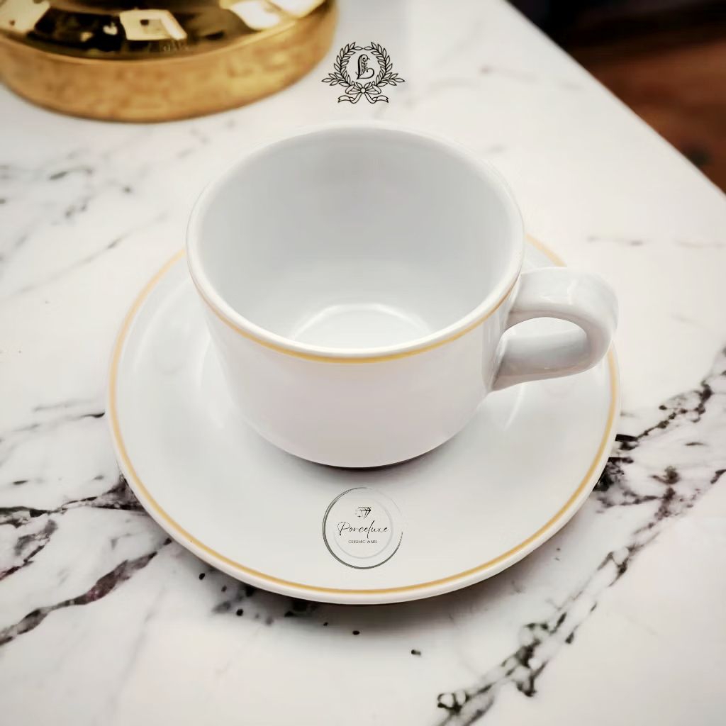 CANGKIR KERAMIK SWAN PUTIH LIST MAS BY LUCKY/ CANGKIR KOPI / CANGKIR KERAMIK PREMIUM