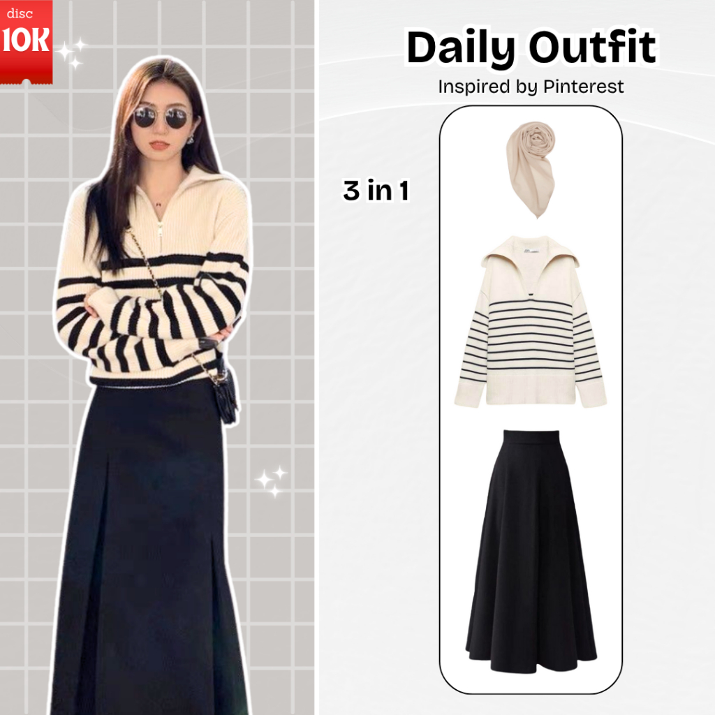 Set Outfit Casual 3 in 1 (Sweater Snowie, Rok, Hijab) Outfit Korean Style Setelan Baju Wanita