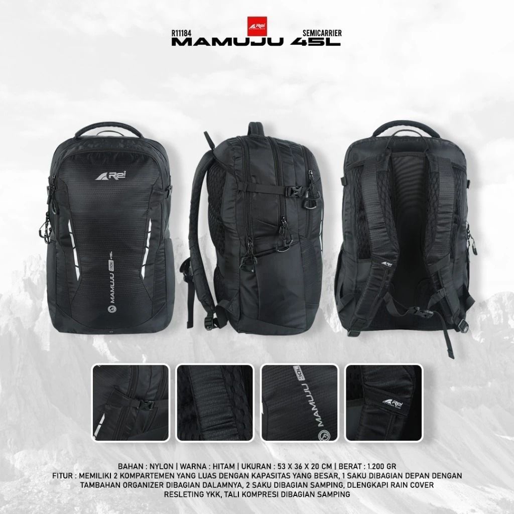 Tas Ransel Pria MAMUJU 30L+15L BLK AREI OUTDOORGEAR - BACKPACK REI MAMUJU BLK 45L - TAS RANSEL LAPTO