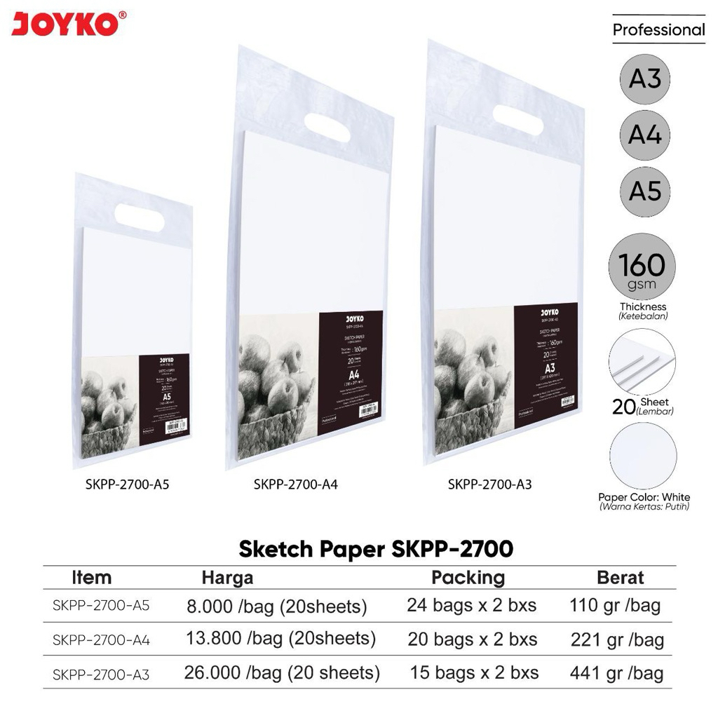 

( 20 LembR )Joyko Sketch Paper 160 gsm / Buku Sketsa SKPP ukuran A5 / A4 / A3 seri SKPP-2700-A5 SKPP-2700-A4 SKPP-2700-A3