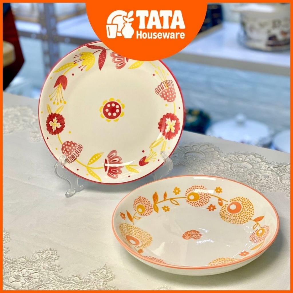 [TATA] Piring Makan Bunga Merah Kuning Keramik / Dining Set Cantik / Peralatan Makan Lucu / Hadiah G