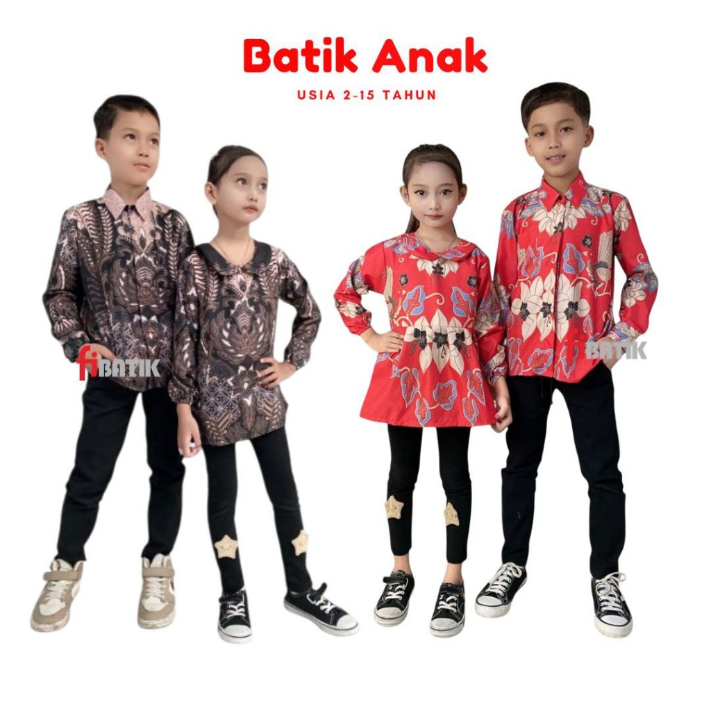 Kemeja Batik Anak Cowok Cewek Lengan Panjang Usia 2-15 Tahun Batik Anak Sekolah Hari batik