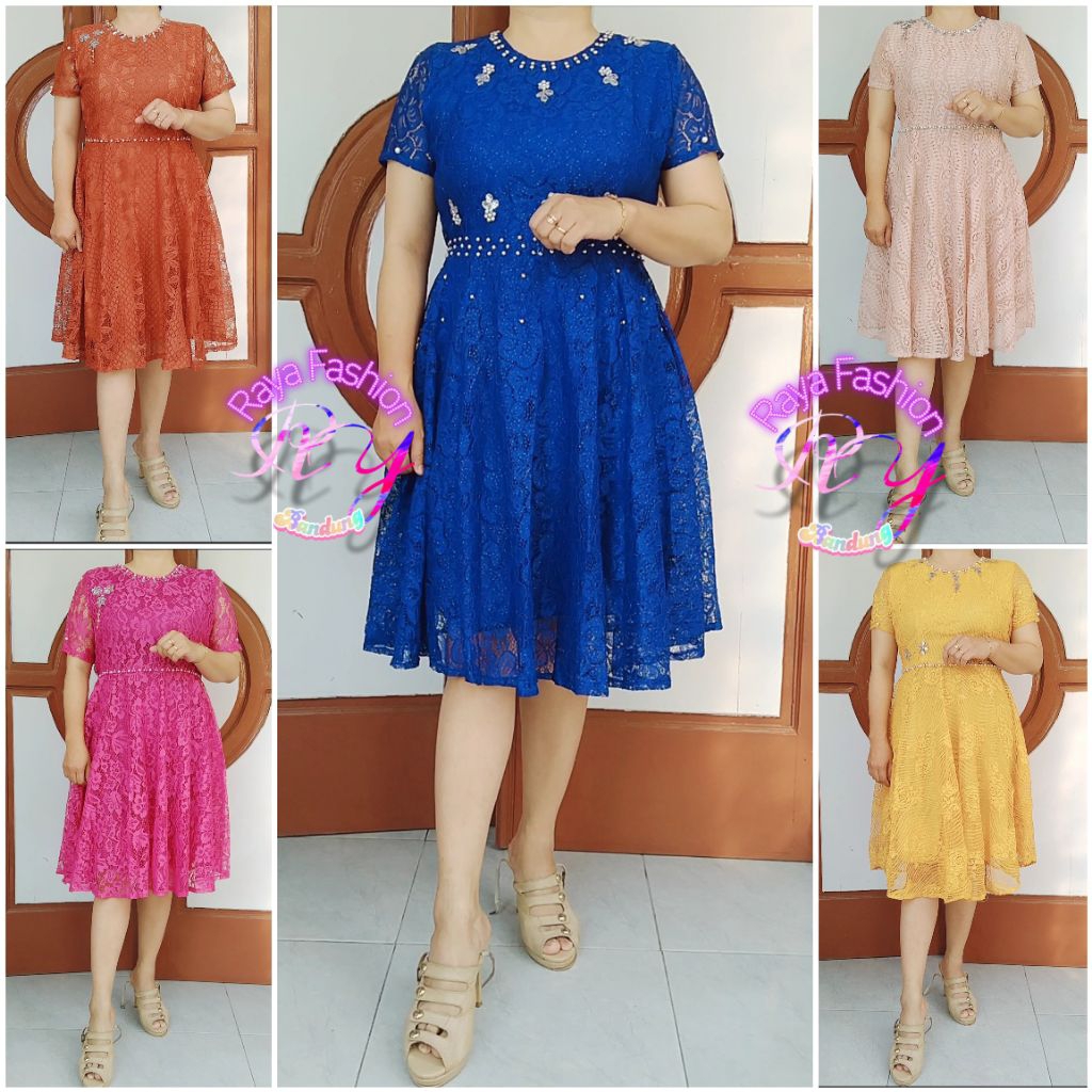 Dress brokat putih lengan pendek payet mutiara s m l pinggang karet