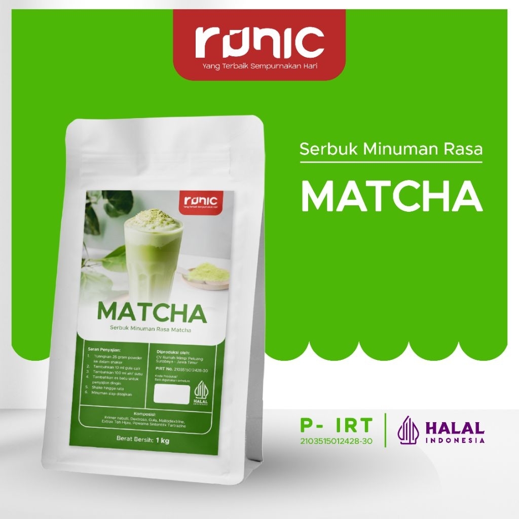 

MATCHA Bubuk Minuman RUNIC 1kg - HALAL - PIRT - Bahan Baku Minuman Kekinian/UMKM