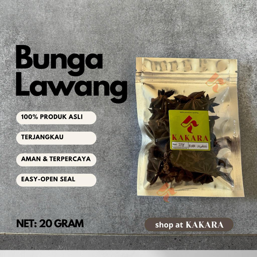 

KAKARA - Bunga Lawang / Pekak / Star Anise 20 gram bumbu dapur bumbu masak kemasan kecil kemasan ZIP