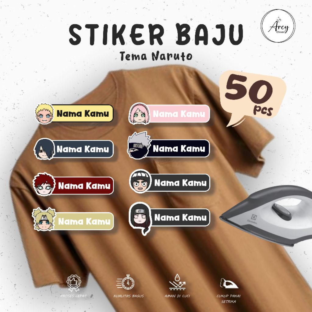 

( 50pcs ) Custom Cetak Stiker Kain Label Nama DTF tema Naruto Sablon Setrika