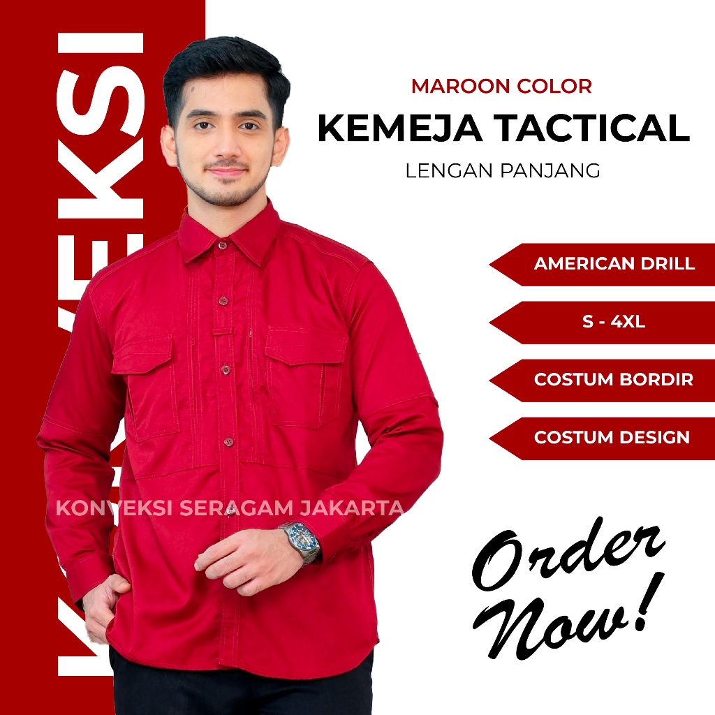 Baju Kemeja Tactical Pria Lengan Panjang - Seragam Kerja Dinas Lapangan Tactical Warna Maroon - Kove