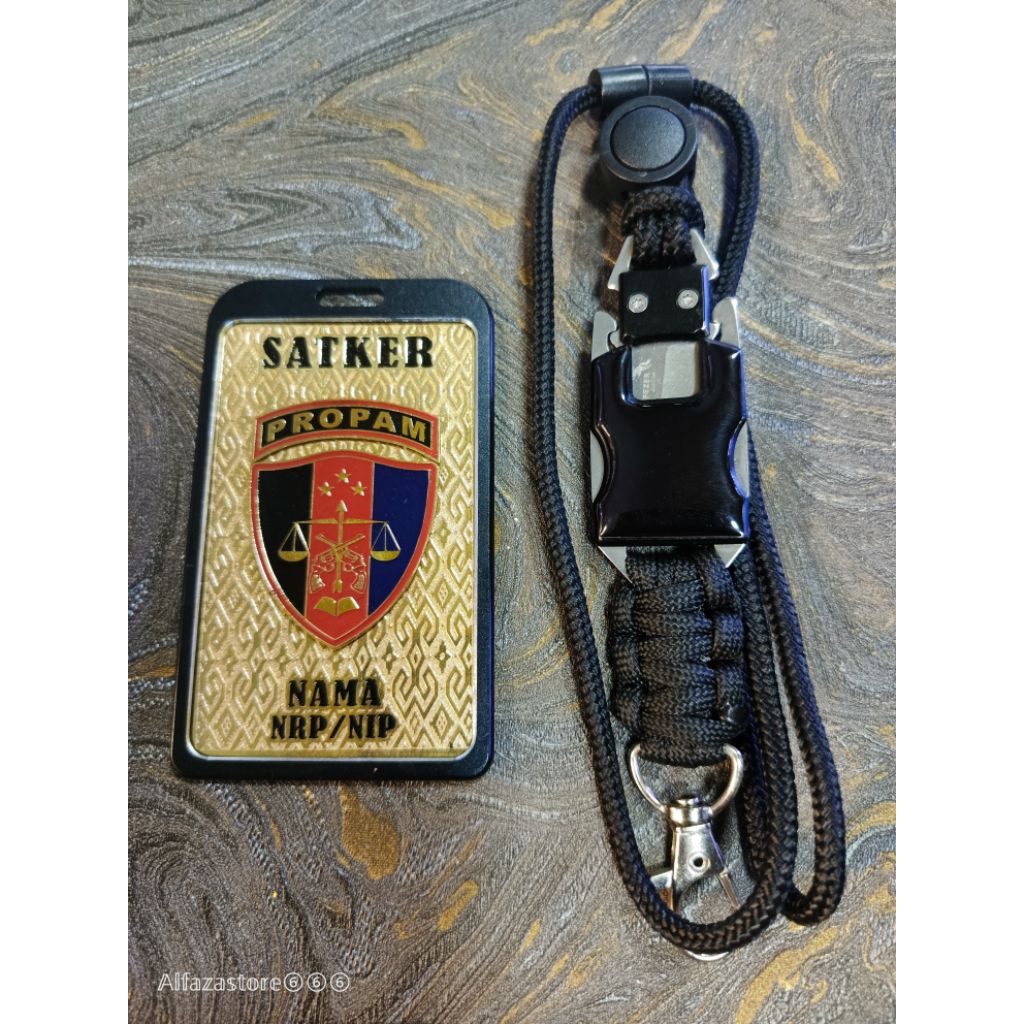 

plat lencana id card custom lanyard dan holder logo propam polri