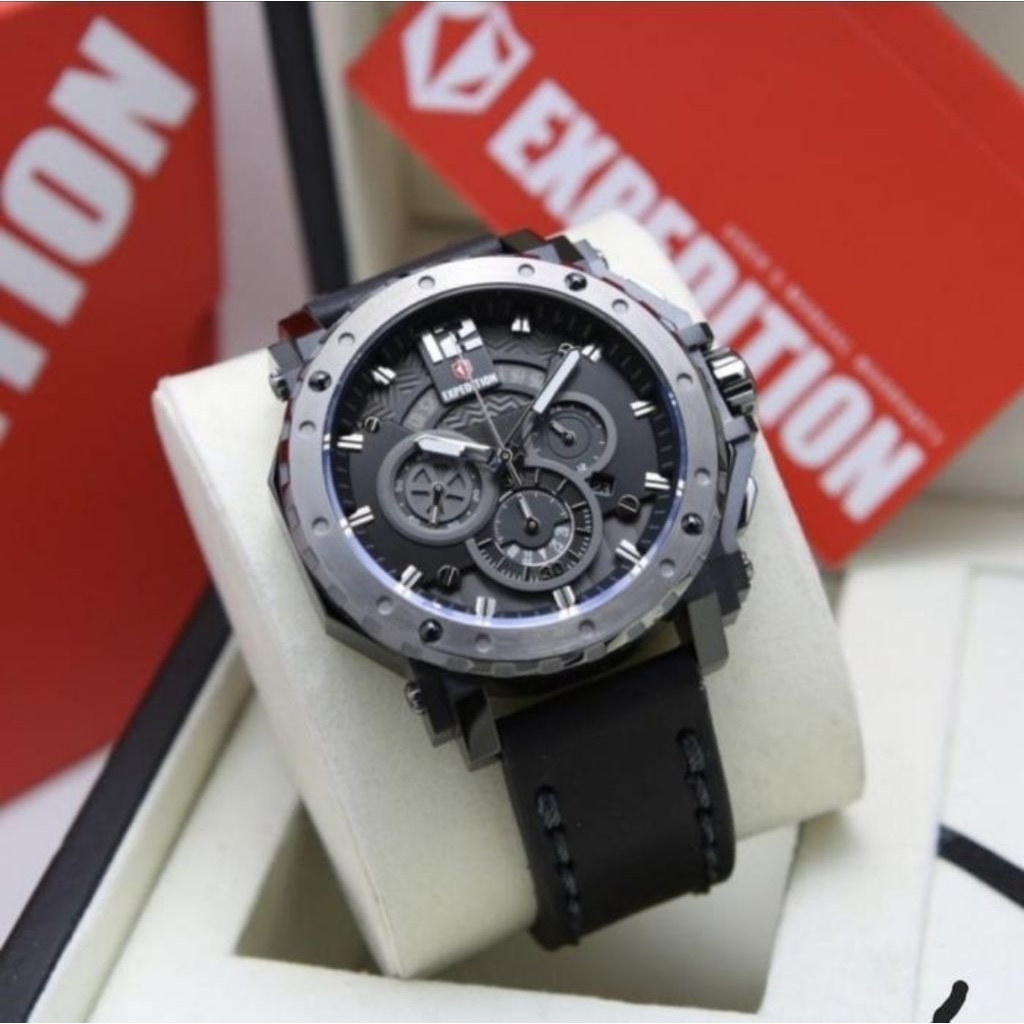 JAM TANGAN PRIA ORIGINAL EXPEDITION  E6402BC  BLACK GREY  LEATHER STRAP