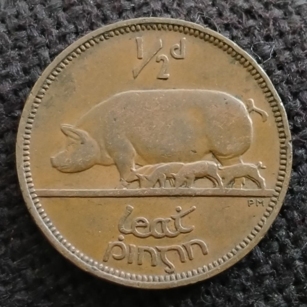 Koin Kuno Irlandia 1/2 Pingin tahun 1937 hewan babi