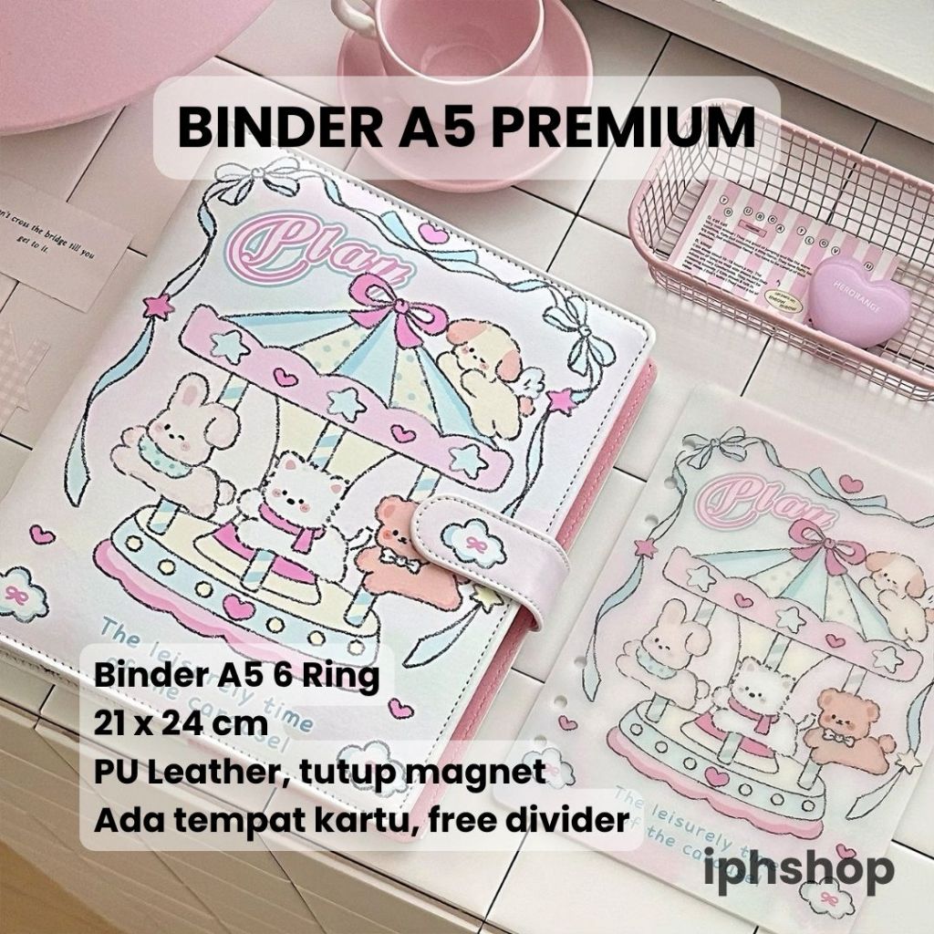 

iphshop - Binder A5 6 Ring PU Leather Premium Tebal | Aesthetic Cute Carousel & Ferris Wheel | Album Photocard Kpop & Journal Planner Organizer