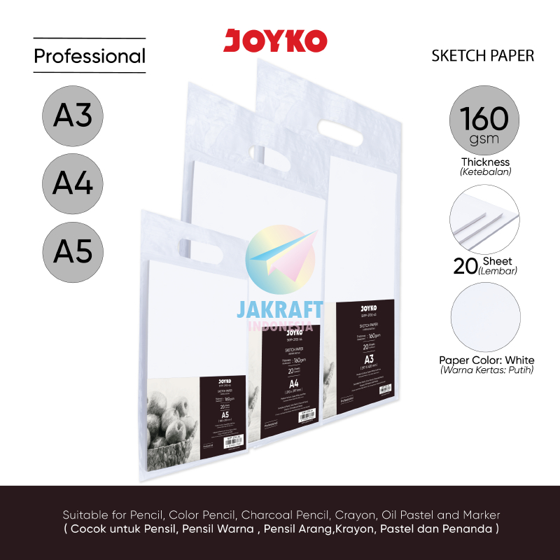 

(20 Lembar) Sketch Paper JOYKO SKPP-2700 Kecil A5 / Sedang A4 / Besar A3 Tebal 160 Gsm Kertas Sketsa Gambar Putih Polos
