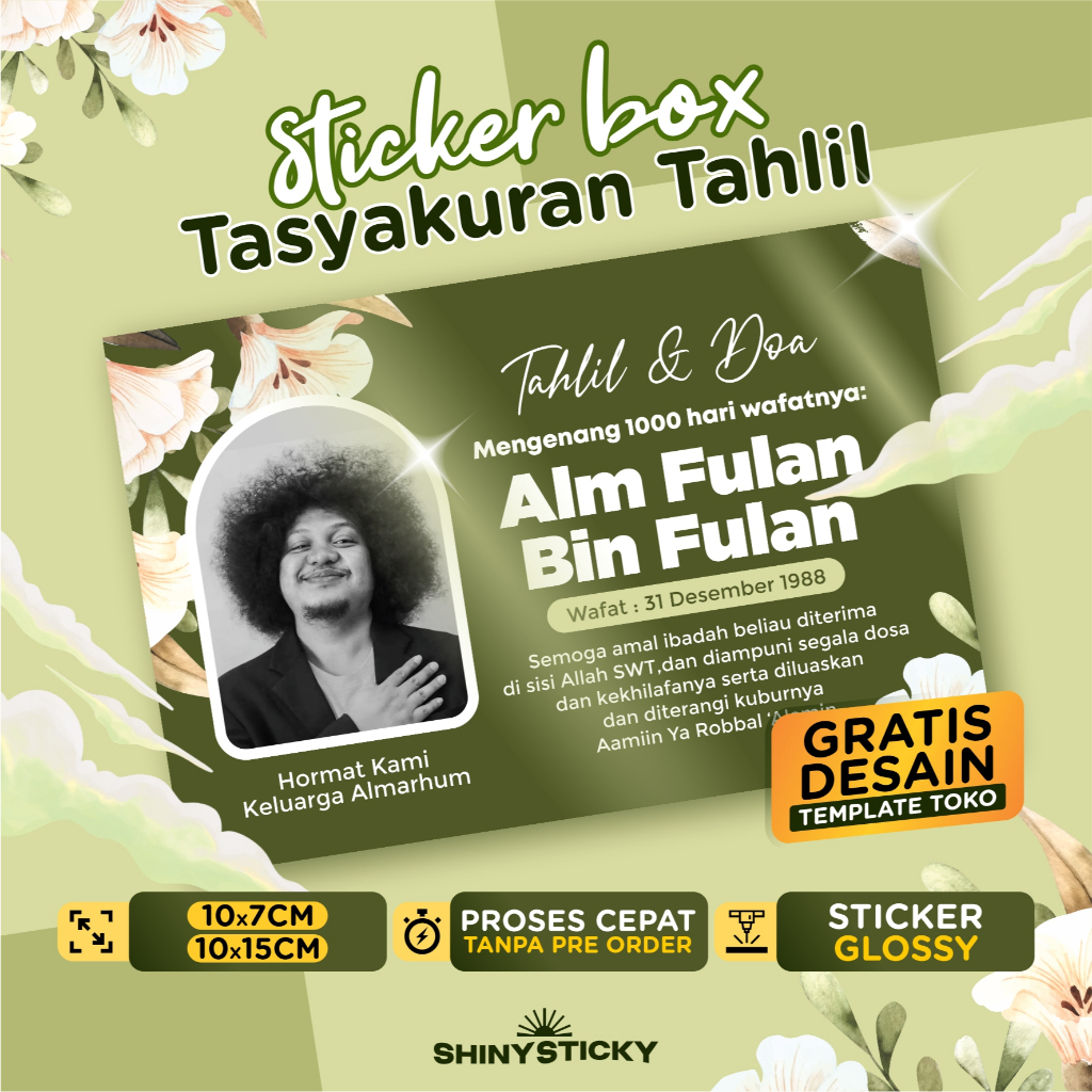 

Stiker Tahlil Glossy / Sticker Tahlilan Custom Nama & Tanggal & Foto – Desain Elegan & Premium Full Warna