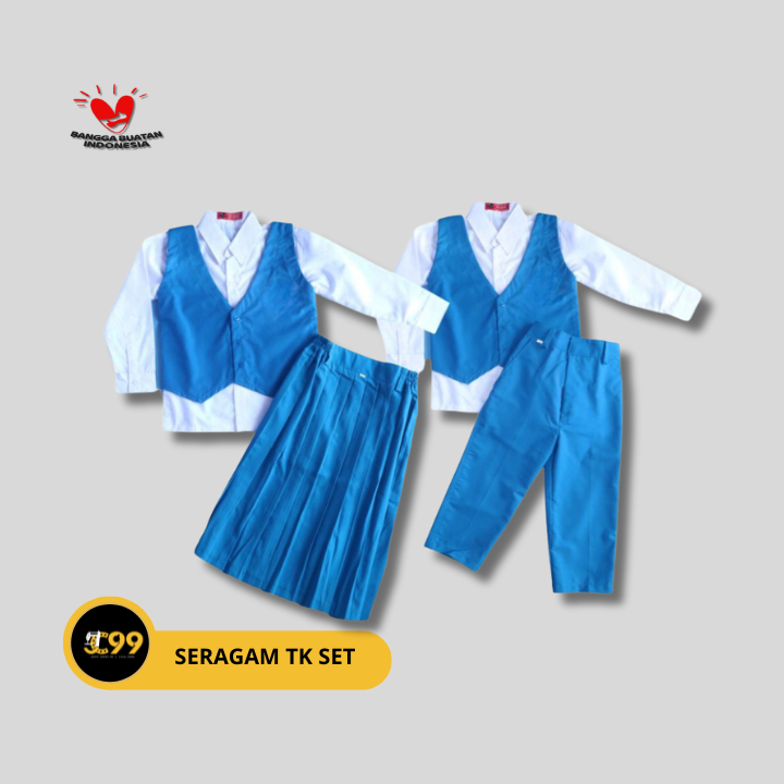 Seragam TK / Paud Biru - Putih lengan Panjang Custom plus rompi dan dasi kupu kupu