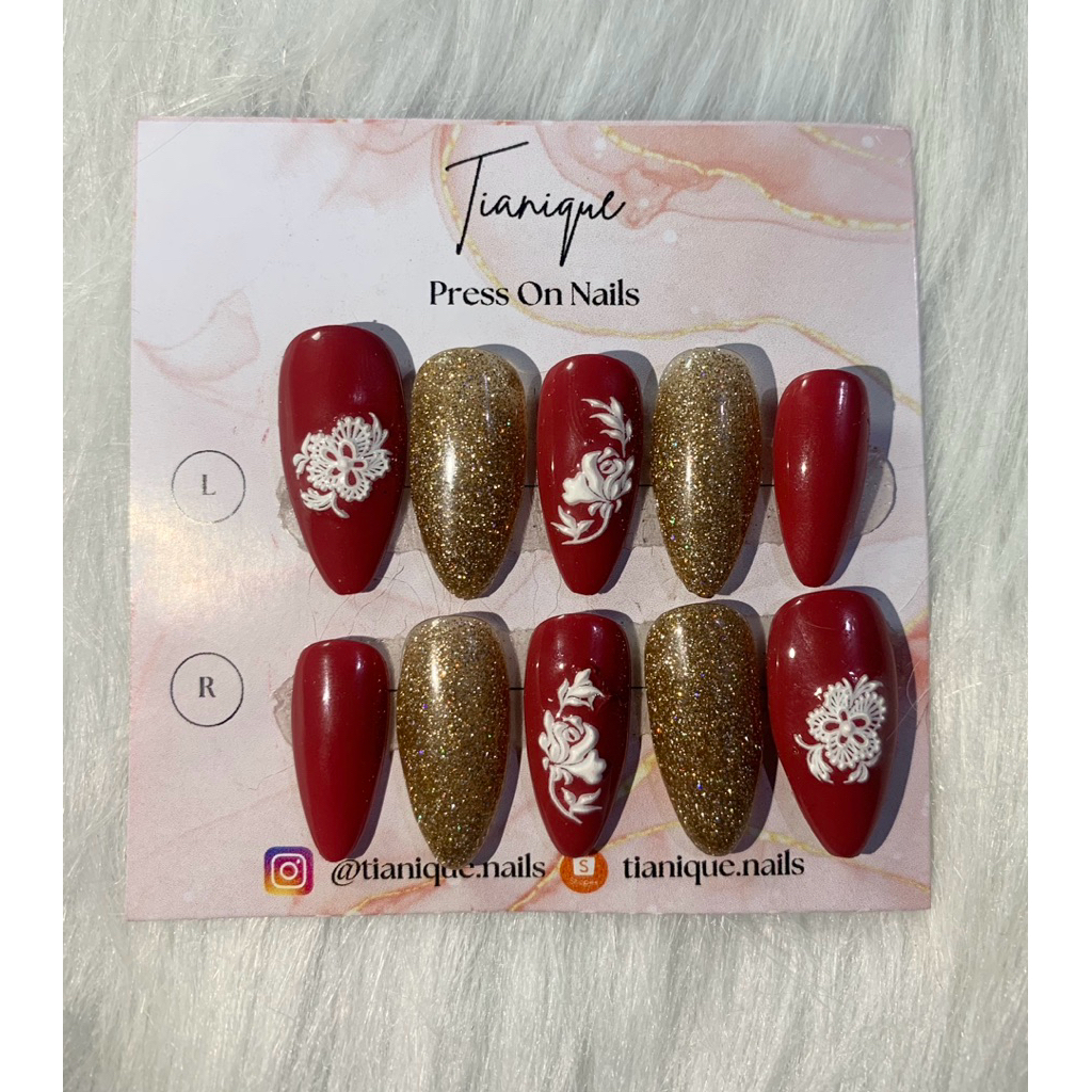 Press On Nails Red Flower gold Glitters / bisa custom ukuran - murah kualitas premium / Wedding nail