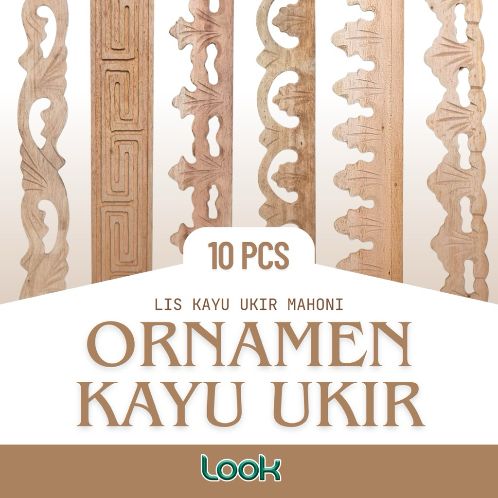 [ 10 Pcs ] Ornamen Ukir Kayu Mahoni Asli Tempel | Lis Kayu Ukir Panjang 120cm