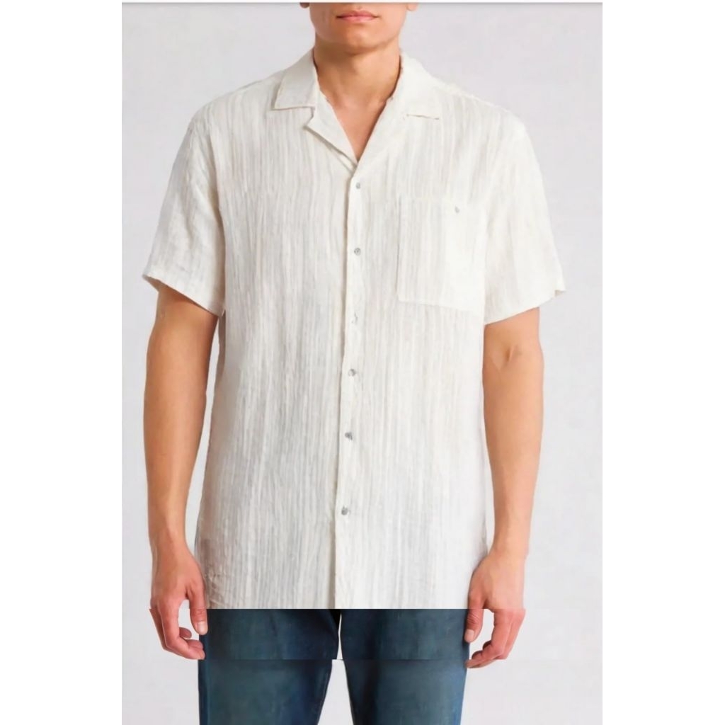 Lucky Brand Kemeja Pria Lengan Pendek Warna Putih Tulang Textured Kemeja Hem Pendek Pria Original br