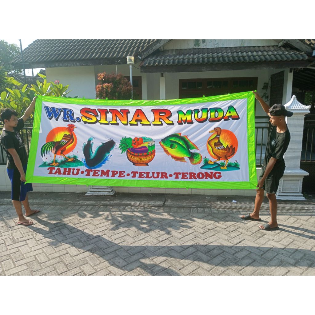 spanduk asli lukis kain putih, panjang 150cm-350cm dg tinggi 130cm