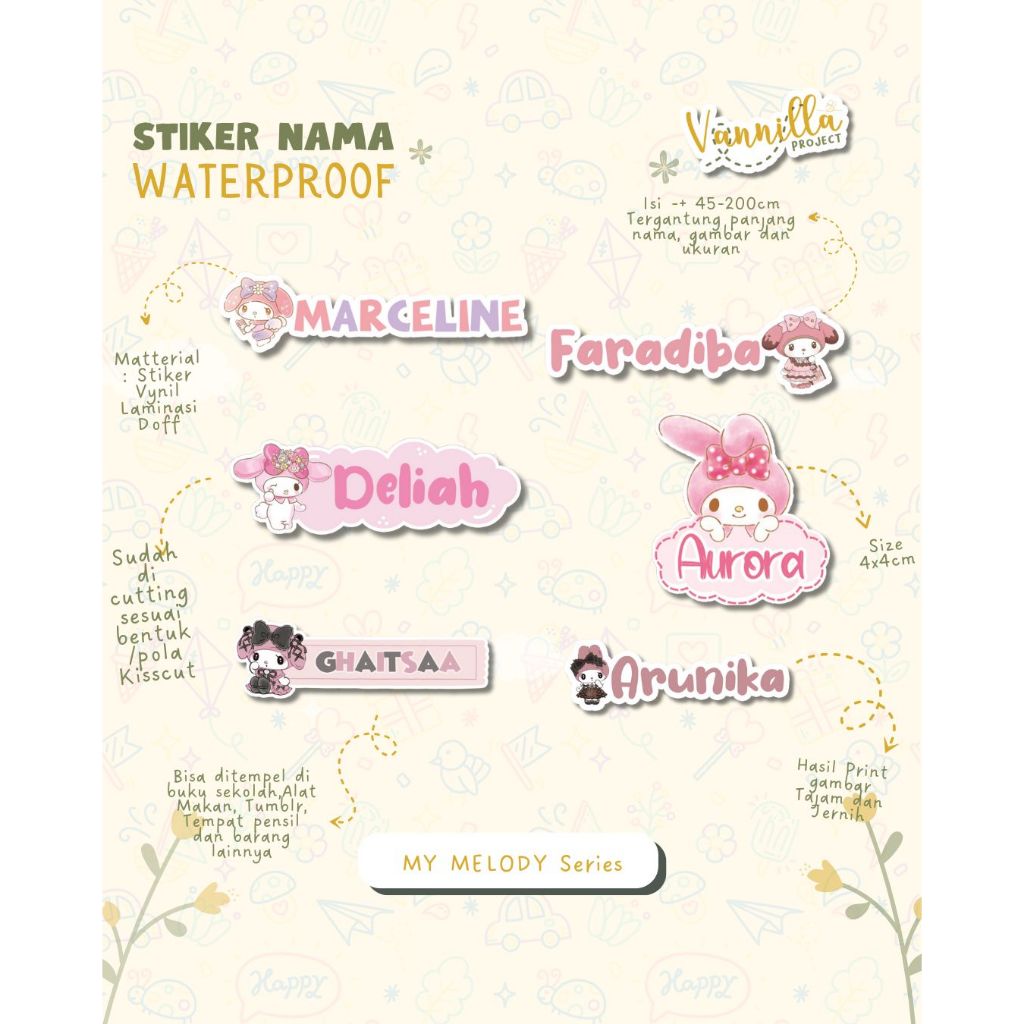 

Stiker Kiss Cut MY MELODY Label Nama Waterproof Tahan Air