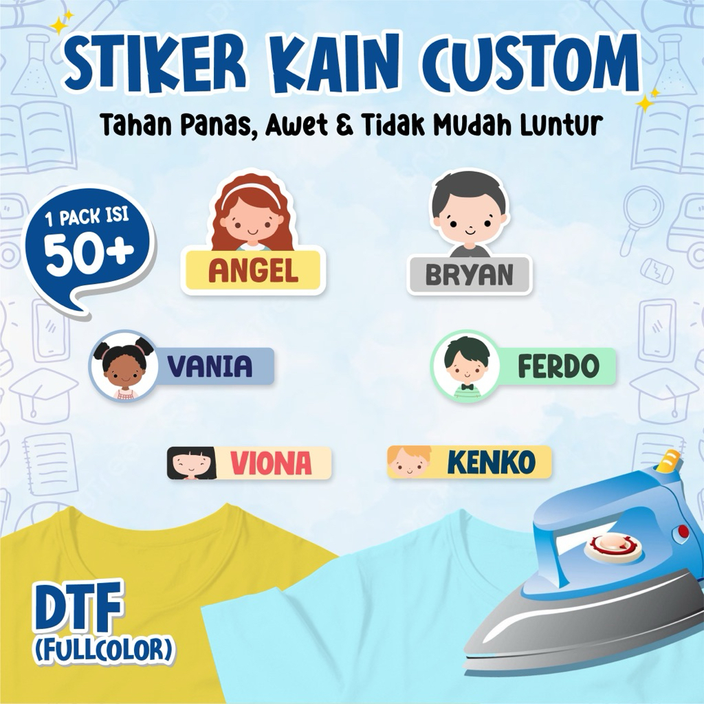 

Stiker Kain Custom Nama DTF Karakter | Label Baju Anak Anti Air Tahan Lama | 50+ Pcs