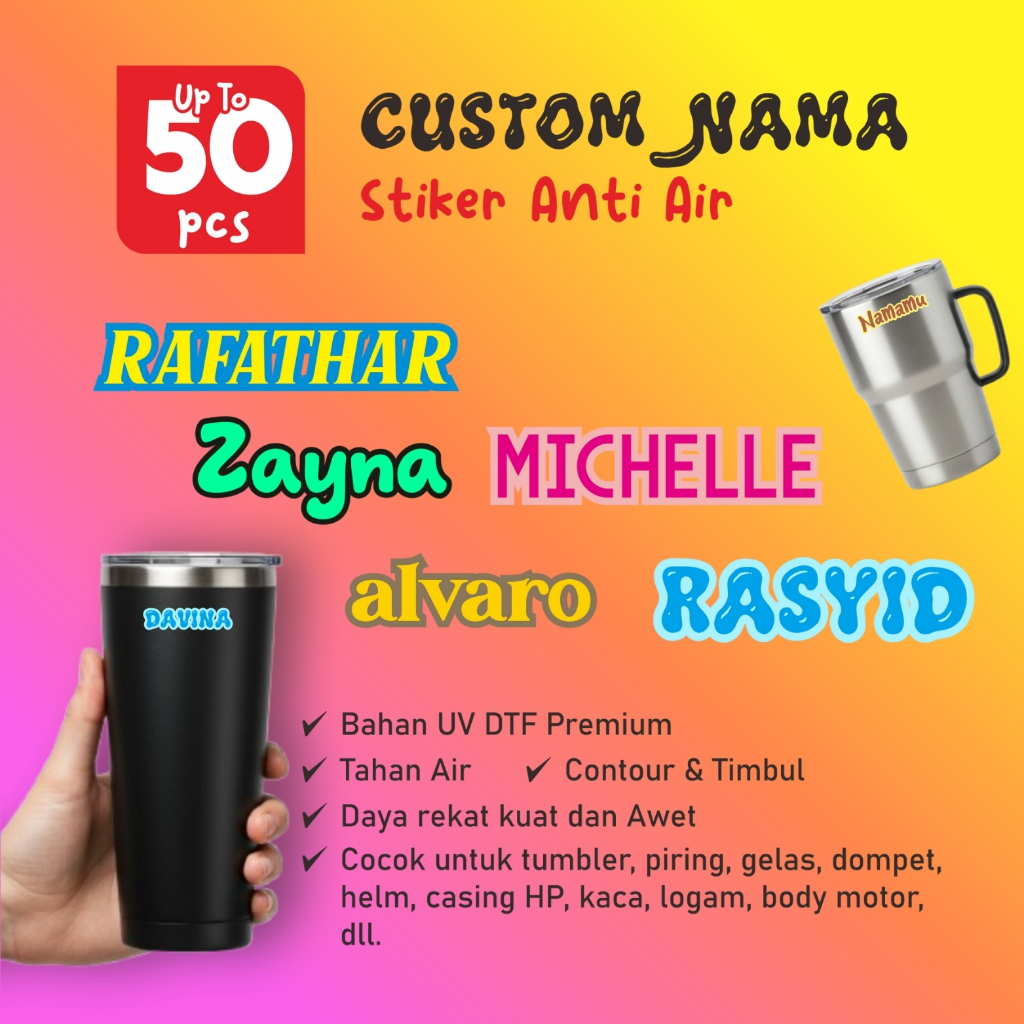 

Stiker CUSTOM NAMA Anti Air | Sticker Nama Tumbler | Stiker UV DTF | Sticker UV Timbul