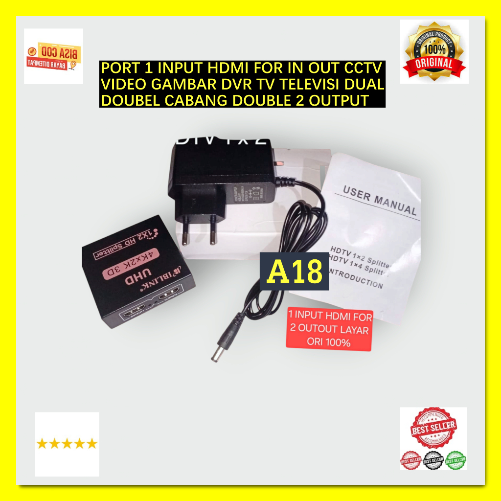 A18 SPLITTER PORT 1 INPUT HDMI FOR IN OUT CCTV VIDEO GAMBAR DVR TV TELEVISI DUAL DOUBEL CABANG DOUBL