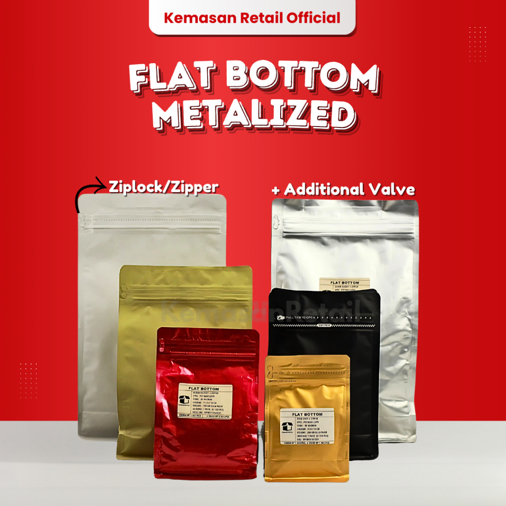 Standing Pouch Flat Bottom Metalized Premium Plastik Klip Kopi Kemasan Packaging Kopi