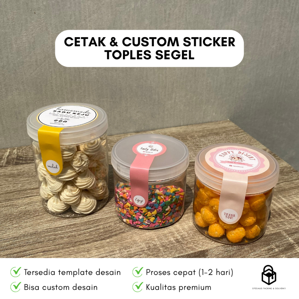 

Cetak Custom Stiker Toples Segel Plastik Bening 400 ml dan 600 ml | Print Label Sticker Logo
