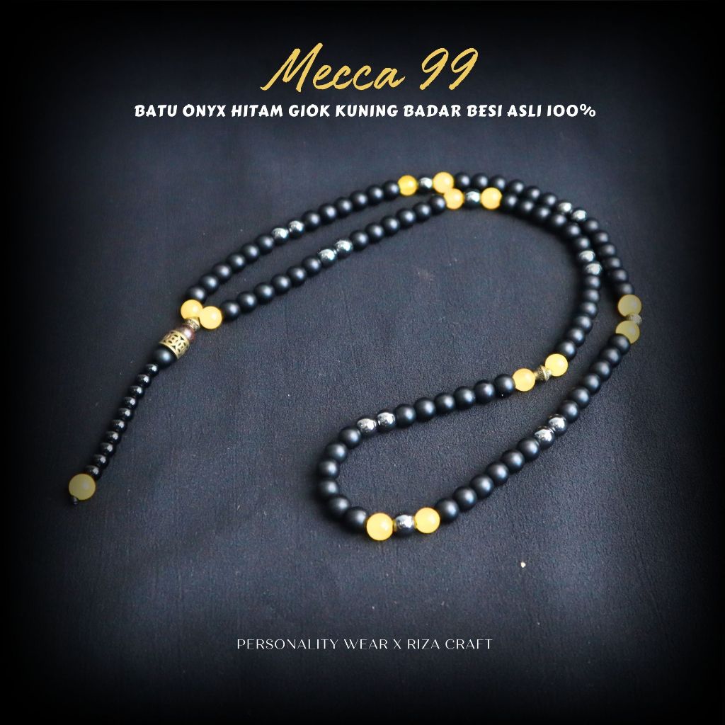 MECCA 99 - Tasbih 99 Butir Cantik Aesthetic Batu Onyx Hitam Giok Kuning Badar Besi Alam Natural Akik