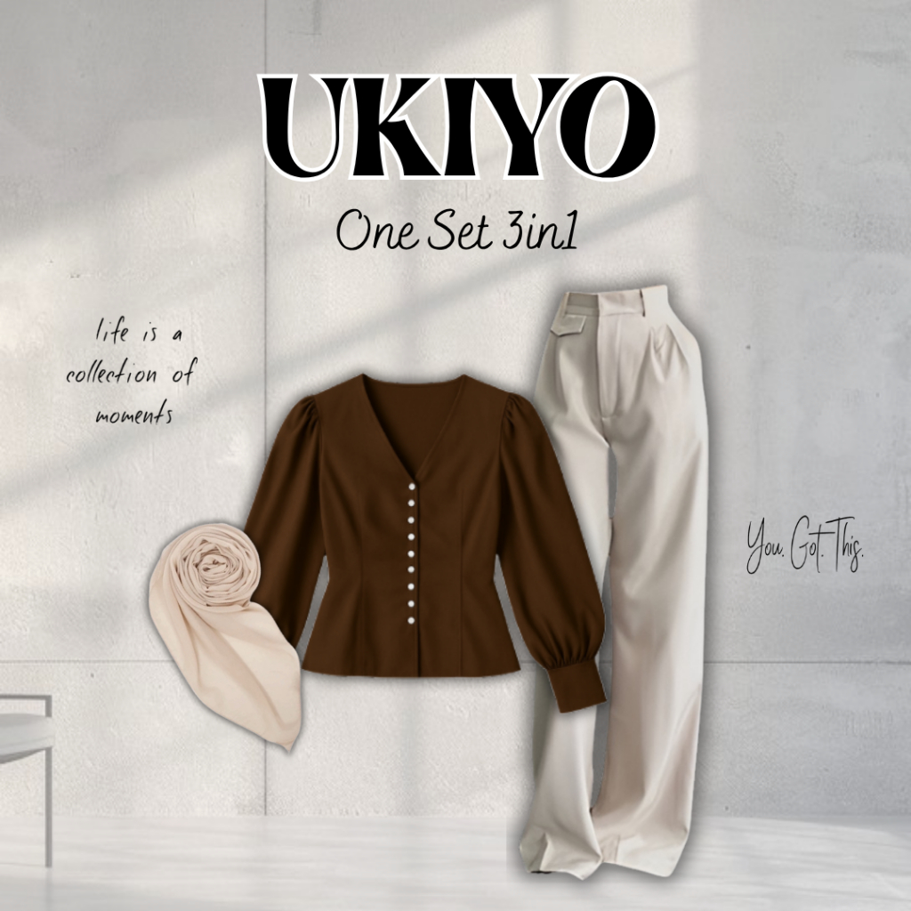One Set Kuliah 3in1 | Blouse Coklat Oro Pants Ivory Hijab Cream | OOTD Simple Wanita Hits  OJ125