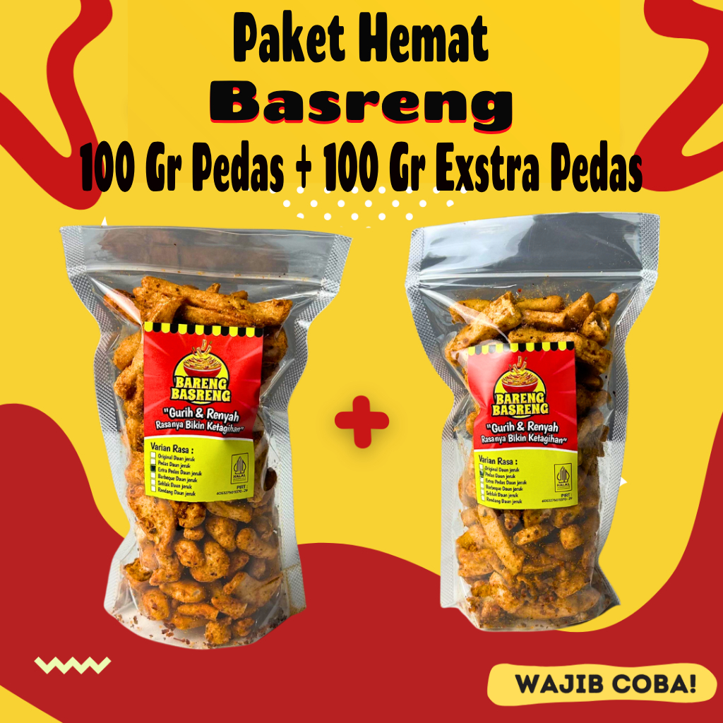 

Paket Combo Basreng Xtra Pedas 100 Gr + Pedas 100Gram Camilan Jajanan Snack Basreng Pedas Daun Jeruk