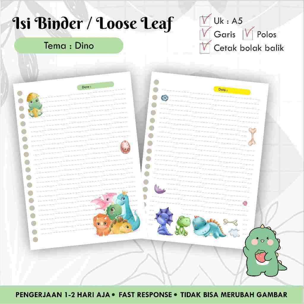 

[10 pcs] Isi Binder / Loose leaf gambar A5 Tema DINO / Refill Map Binder / Garis Polos