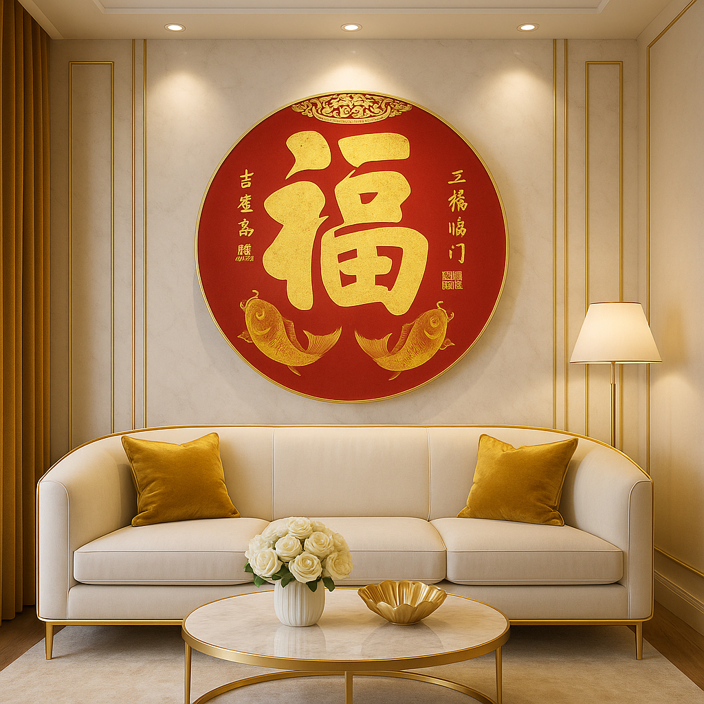 Hiasan Dinding Fu Cina Bulat Merah Emas Simbol Keberuntungan & Rezeki dengan Ornamen Ikan Koi – 5D D
