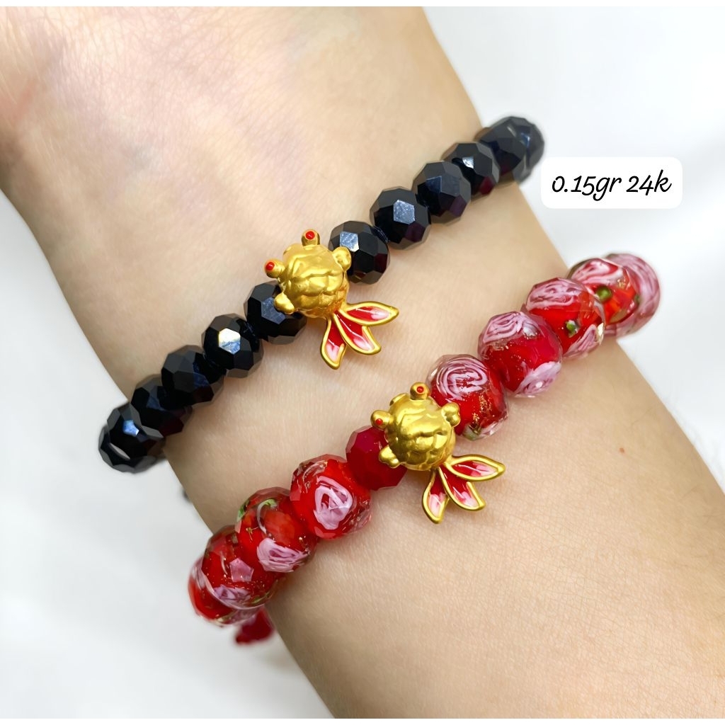 Gelang Emas Asli Ikan Koi Cat 24K Hongkong 999% Tali Batu Bunga
