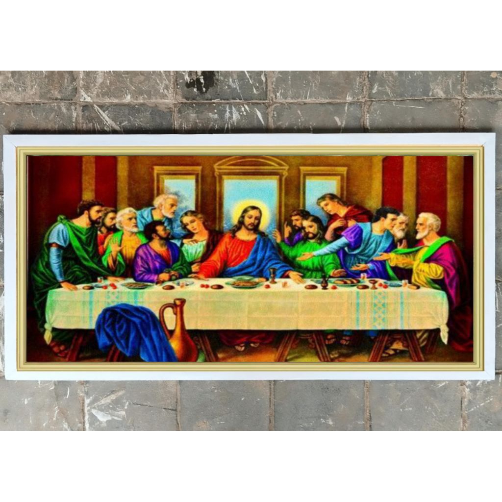 hiasan dinding lukisan cetak perjamuan Kudus plus bingkai ukuran 95*50