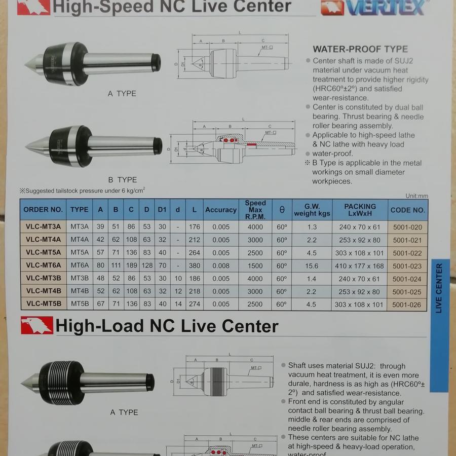High speed live lathe center VERTEX type VLC-MT5A