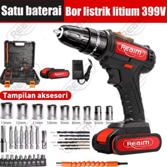 Bor Battery Impact Drill Reaim 399V 1 Baterai Tiga Fungsi Bor Beton Kayu Besi Mesin Bor Cas