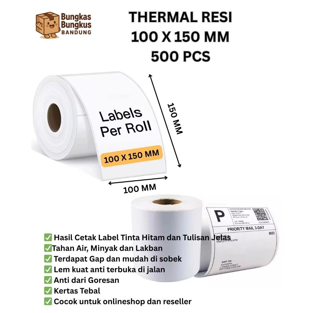 

Kertas Label Thermal ukuran 100 x 150 MM 500 pcs per Roll Premium Tebal Warna Jelas|Kualitas Tebal Cocok untu semua jenis printer thermal