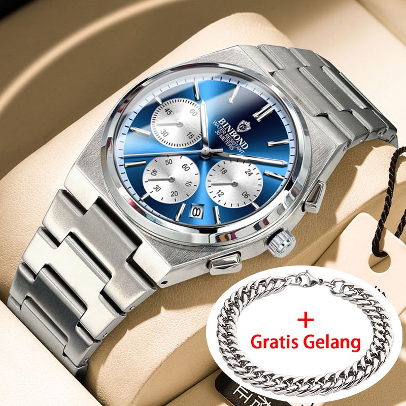 BINBOND Analog Watches Men Business Date Waterproof Wristwatch Stainless Steel Silver Quartz Watch