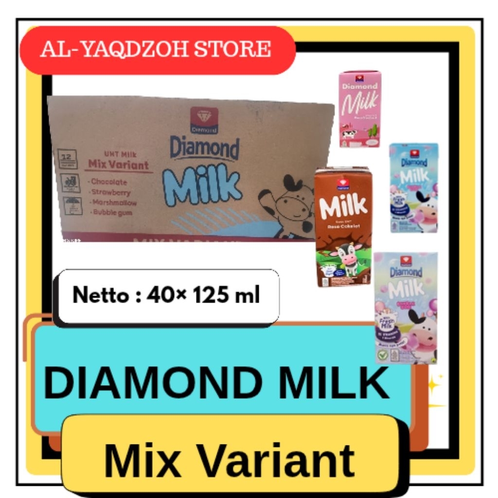 

DIAMOND MILK | Susu UHT Mix 4 Variant | Cokelat, Stroberi, Marshmallow, & Bubble Gum | Netto 40 × 125 ml