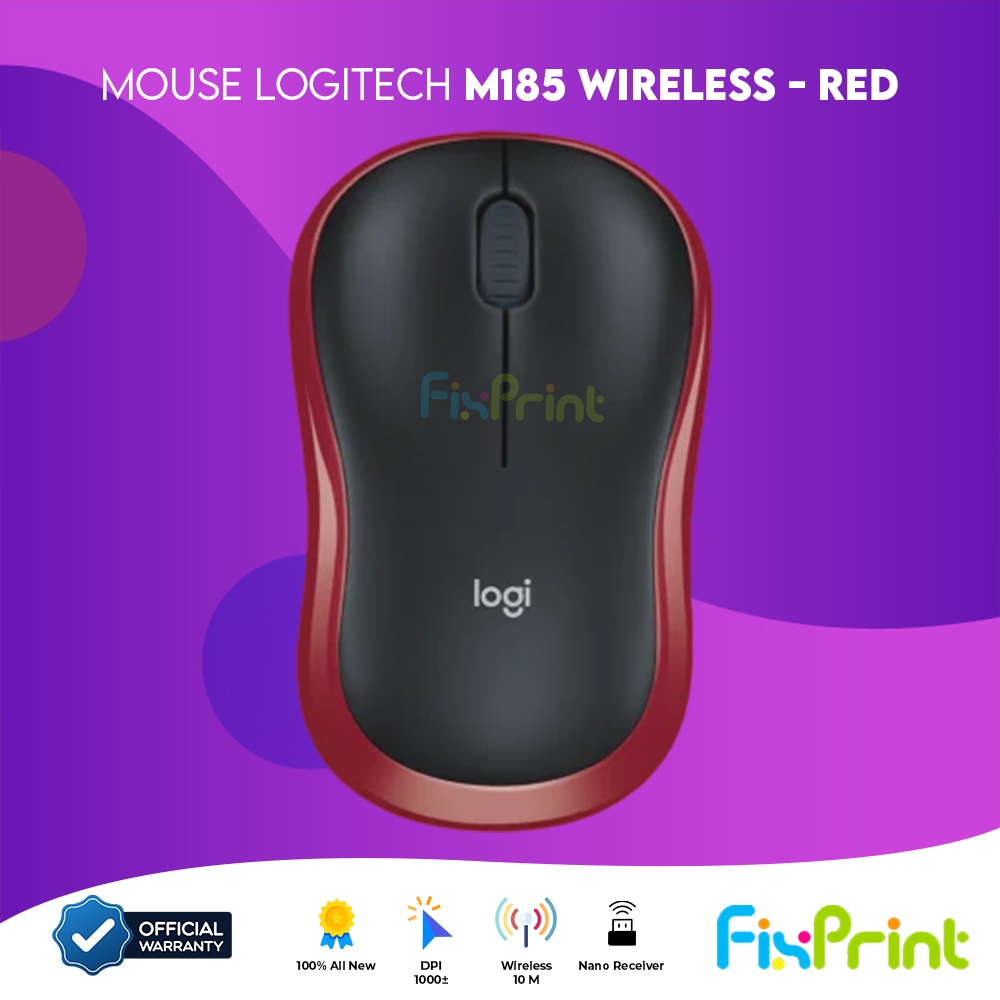 FixPrint Mouse Wireless Logitech M185 ORIGINAL Grey / Red / Blue Garansi Resmi