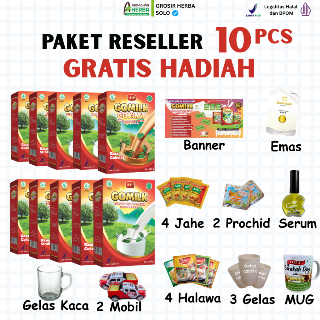 

[PAKET RESELLER] [GRATIS HADIAH][BELI 8 GRATIS 2] [EXPIRED LAMA] Susu Kambing GOMILK 200 gr GARANSI Produk Original