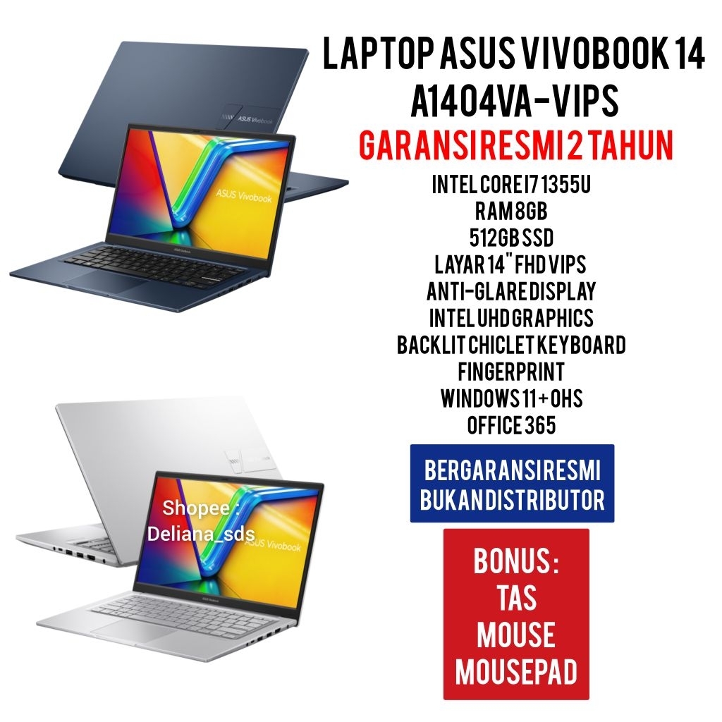 Laptop Asus Vivobook 14 A1404VA VIPS Intel Core i7 1355U 8GB/512GB SSD 14" FHD VIPS Garansi Resmi 2 