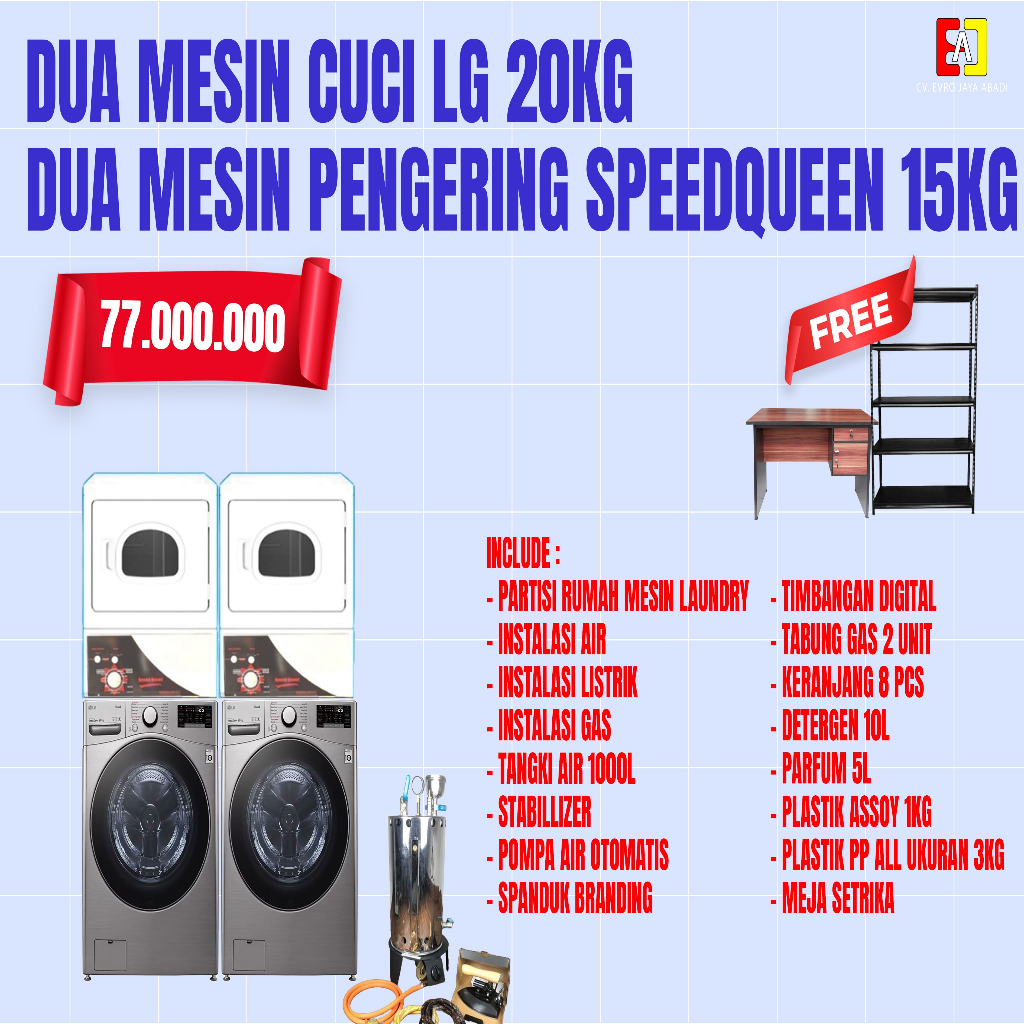 Paket Usaha Laundry 2 Unit Mesin Cuci LG 20 KG & 2 Unit Dryer SpeedQueen 15 KG dan Boiler 10 Liter
