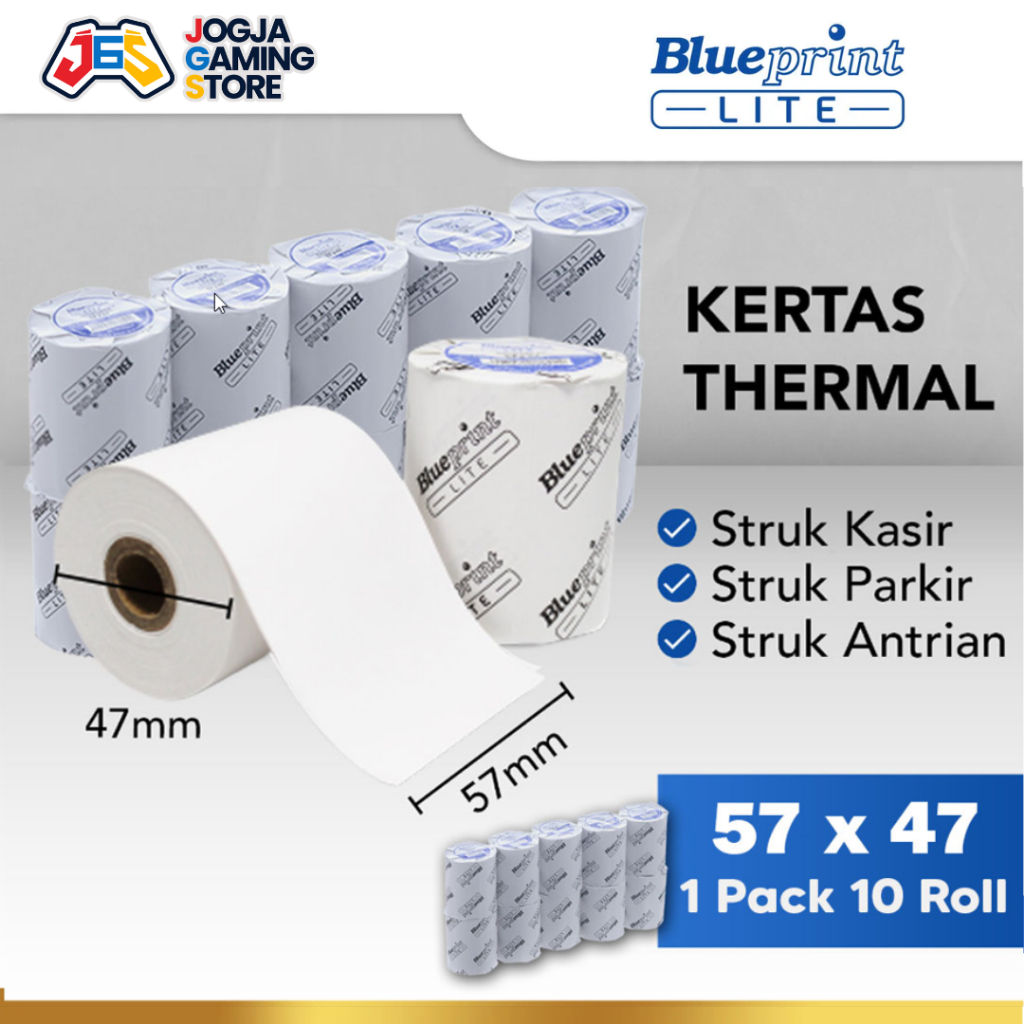 

KERTAS THERMAL STRUK KASIR PPOB EDC KARCIS PARKIR BLUEPRINT LITE 57x47 57x48 58x47 - 1 Pack 10 Roll