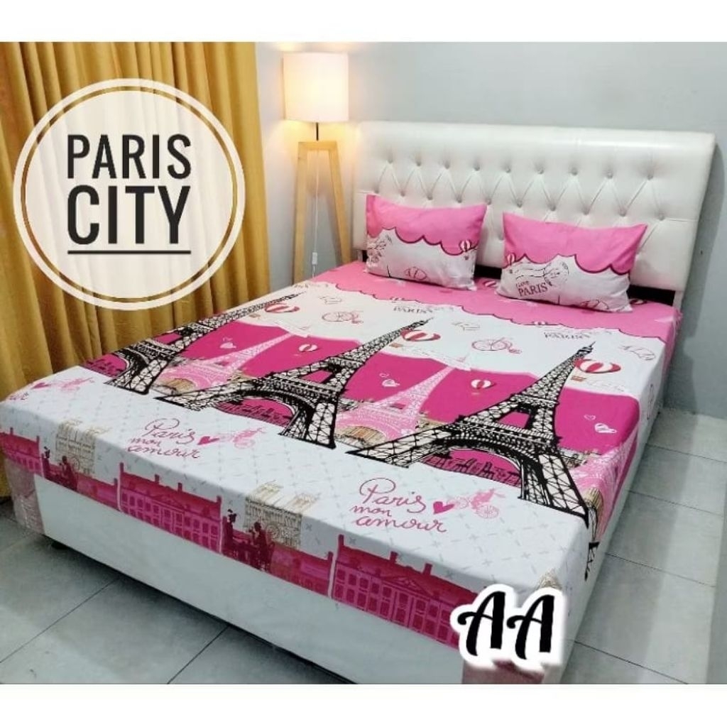 SPREI KARET KATUN PREMIUM 90/100/120/140/160/180/200 Motif Paris Parisian love menara Eiffel Eifel P