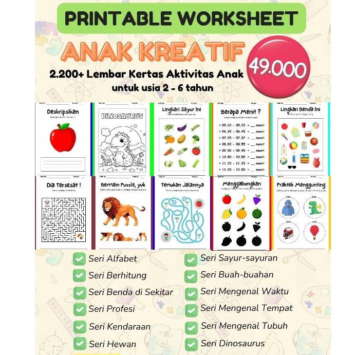 Worksheet Anak Kreatif Balita Pra TK 2.200+ Lembar Aktivitas File PDF